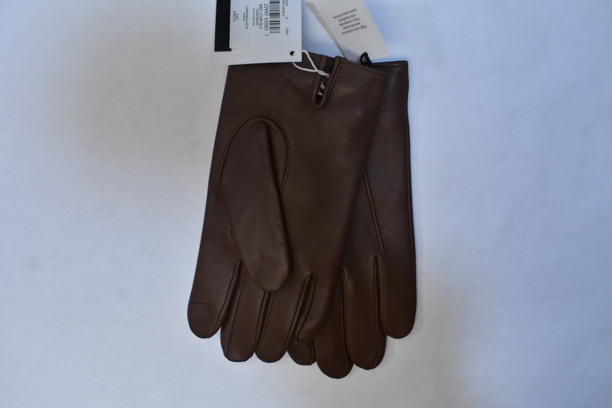 Coach Leather Tech Gloves Dark Saddle Brown Wool Lined Authentic
