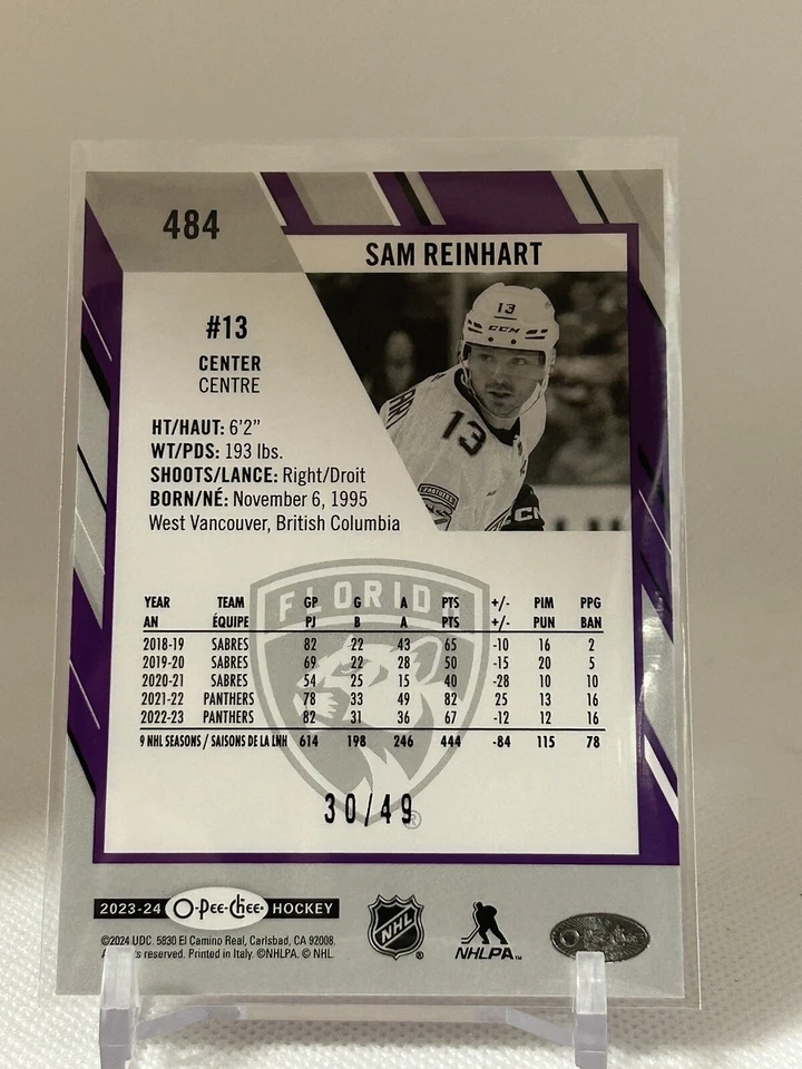 Sam Reinhart 2023-24 O-Pee-Chee Purple Border Parallel /49 #484 Florida Panthers - Image 2 of 2