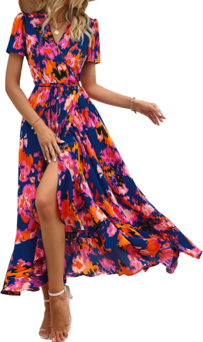 Womens Summer Wrap Maxi Dress Casual Boho Floral V Neck Short Sleeve Ruffle Hem