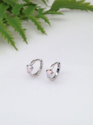925 Sterling Silver Tiny White Opal Huggie Hoop Earrings 10mm x1mm VERY SMALL