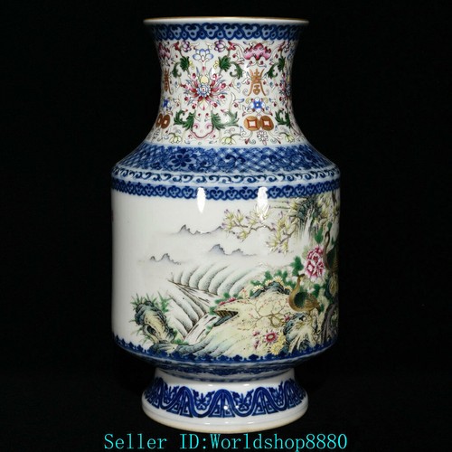 12.2" Qianlong Marked Chinese Ename blue and white porcelain peacock Bottle Vase - Picture 7 of 7