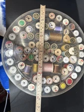 Vintage Estate Sewing Thread  LOT 60 Mixed Wooden Spool & Round Clear Container