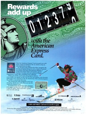 PRINT AD 1995 AMEX Card Rewards Add Up Membership Miles Downhill Skiing 90's Ad