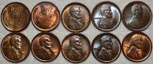 10x BU Lincoln Cents, 2x 1909 VDB, 1910, 1918, 1919, 1928, 3x 1929, 1932