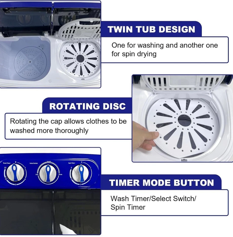 Display4top Compact Twin Tub Washing Machine Spin w/Hose 3.6KG washer dryer Blue - Image 4 of 4