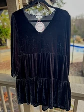 Umgee Black Velvet Dress with V Neck w/Tiered Skirt and Long Sleeves