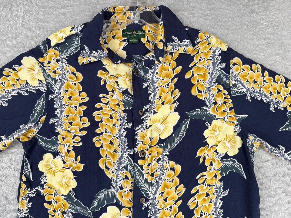 Camisa David Taylor Para Hombre Pequeña Azul Amarillo Floral Hibisco Plumeria Hawaiana Foto 4 de 4