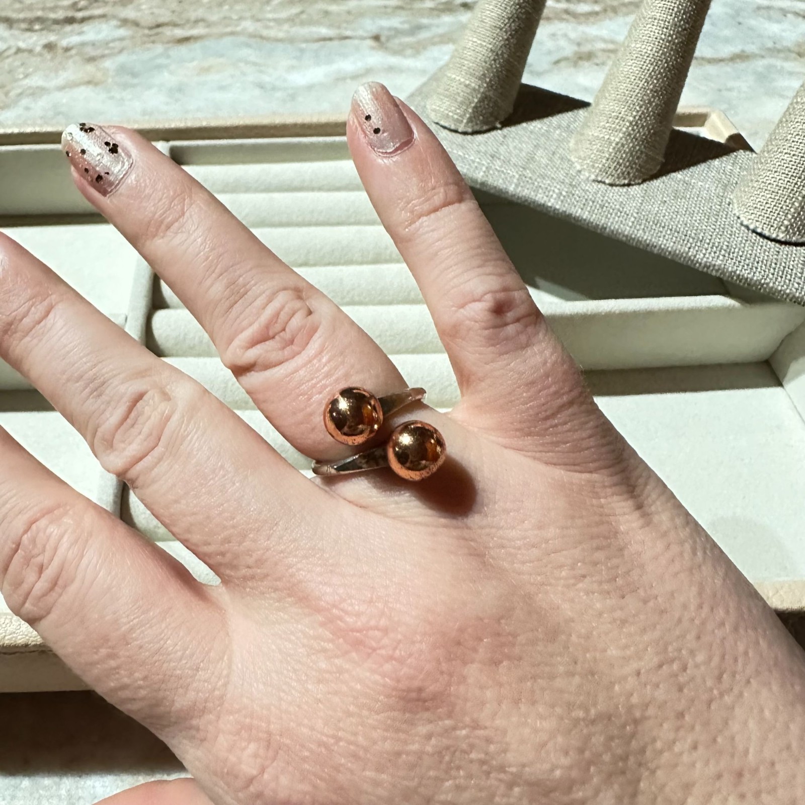 Vintage Silver-Filled Ring Size 6 3/4 Bi-pass Design Dual Copper-Toned Spheres