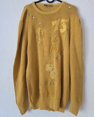 Vintage Marco Fashion Strickpullover | Senfgelb | Gr. L | Pailletten-Detail
