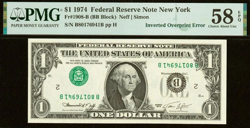 1974 $1 Federal Reserve Note PMG 64EPQ - 2-Consecutive Inverted Overprint Error - Image 4 of 4