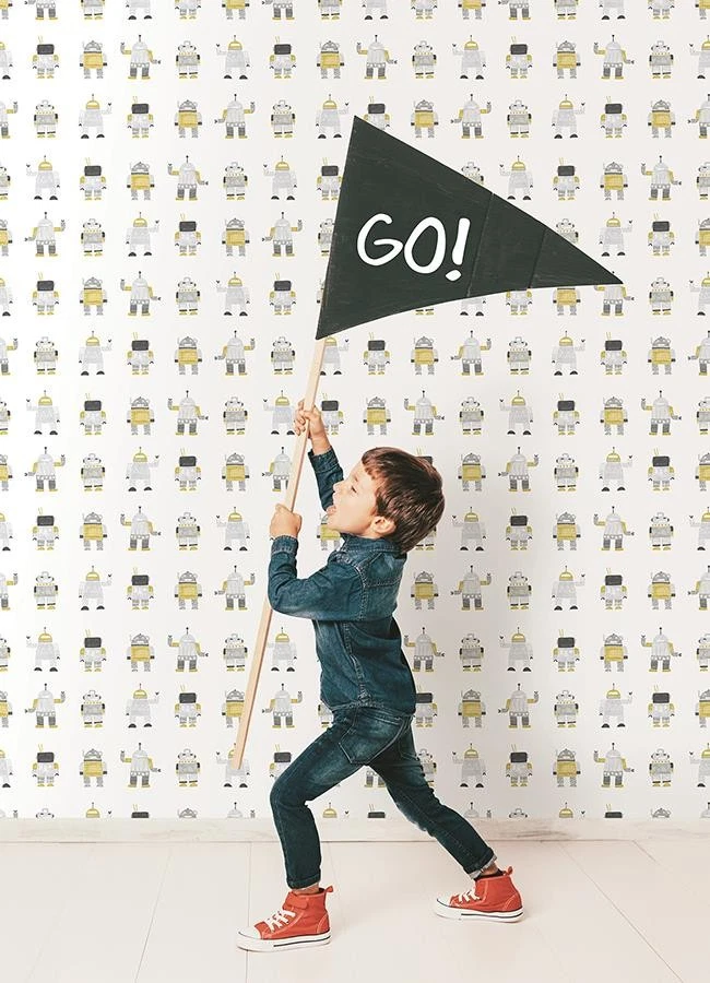 Papel Pintado Callum Dorado Negro Gris Metálico Dorado Robots en Blanco, 56 pies cuadrados Perno Foto 3 de 4