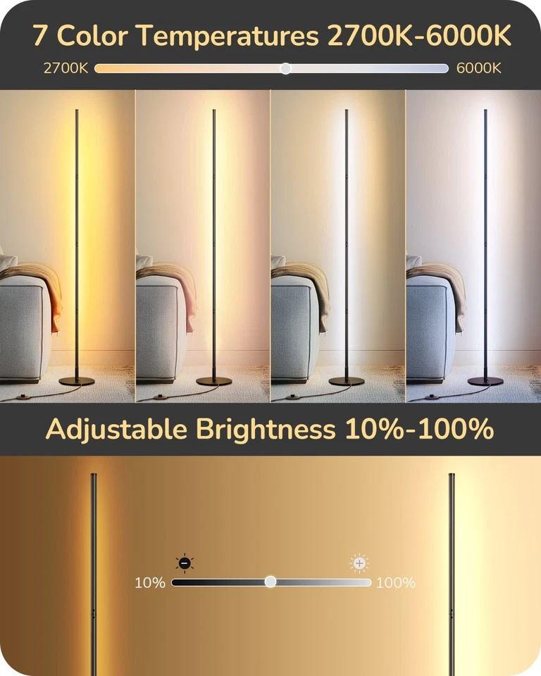 EDISHINE Modern Corner Floor Lamp, Set of 2, Dimmable LED Floor Lamp, Black - Image 4 of 4