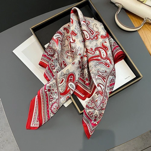 100% Silk Scarf Women Vintage Red Paisley Kerchief Square Bandana Wrap 68*68cm - Picture 3 of 5