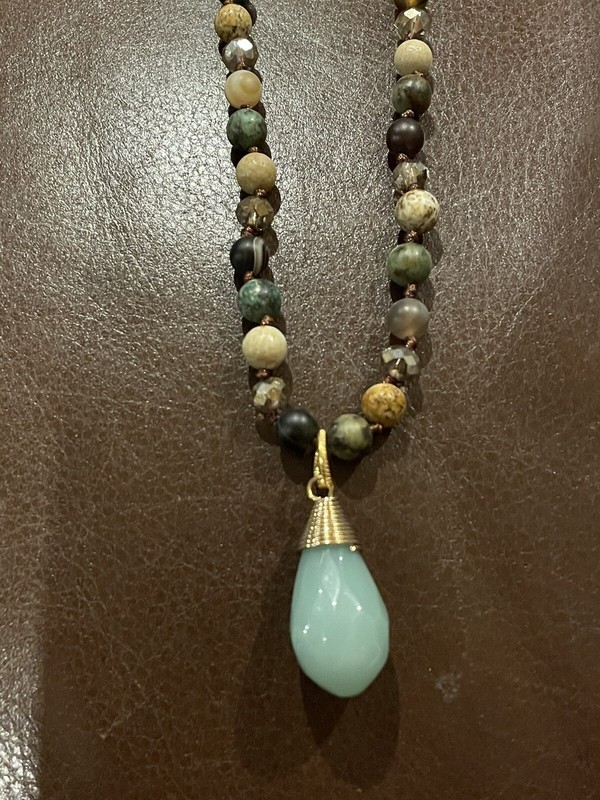 Rejoice Designs Brown, Beige and Green Beaded Necklace  w/ Green Faceted Pendant