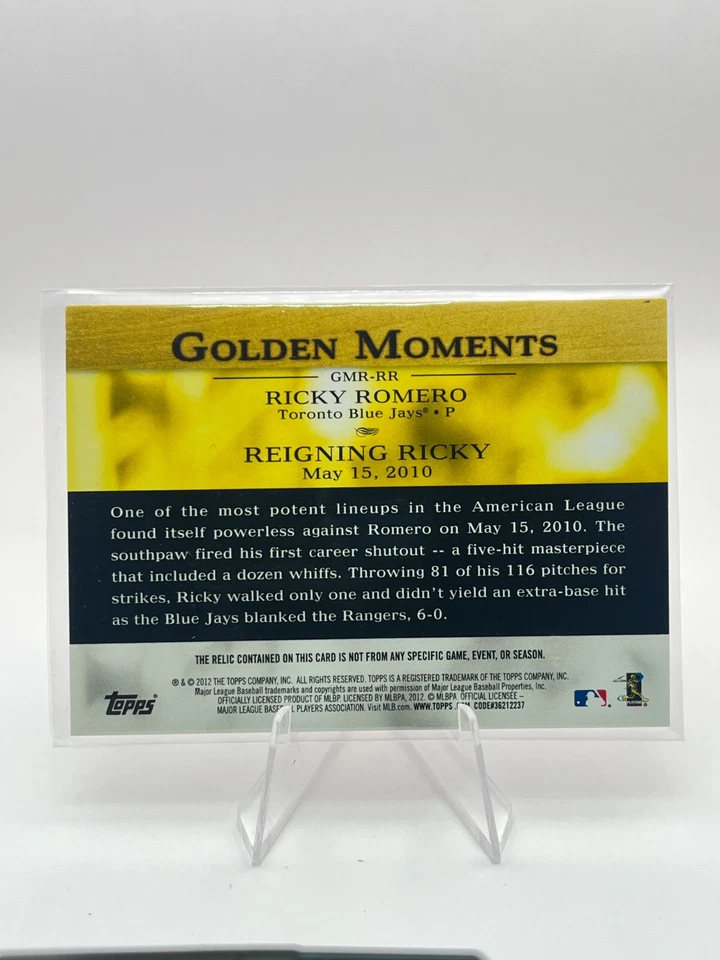 2012 Topps Golden Moments Relics Series 2 Gold /99 Ricky Romero #GMR-RR - Image 2 of 2
