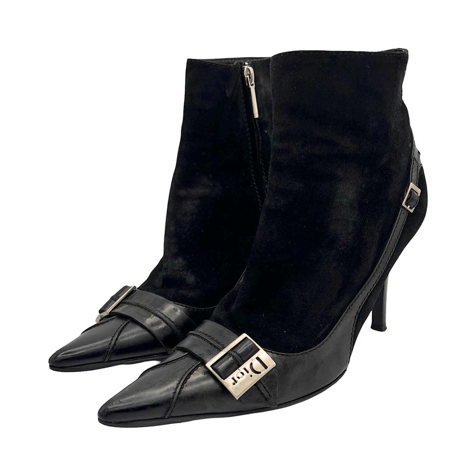 Christian Dior Bottes Talons Cheville 37 Noir Logo Argent Boucle Bout Pointu Vintage