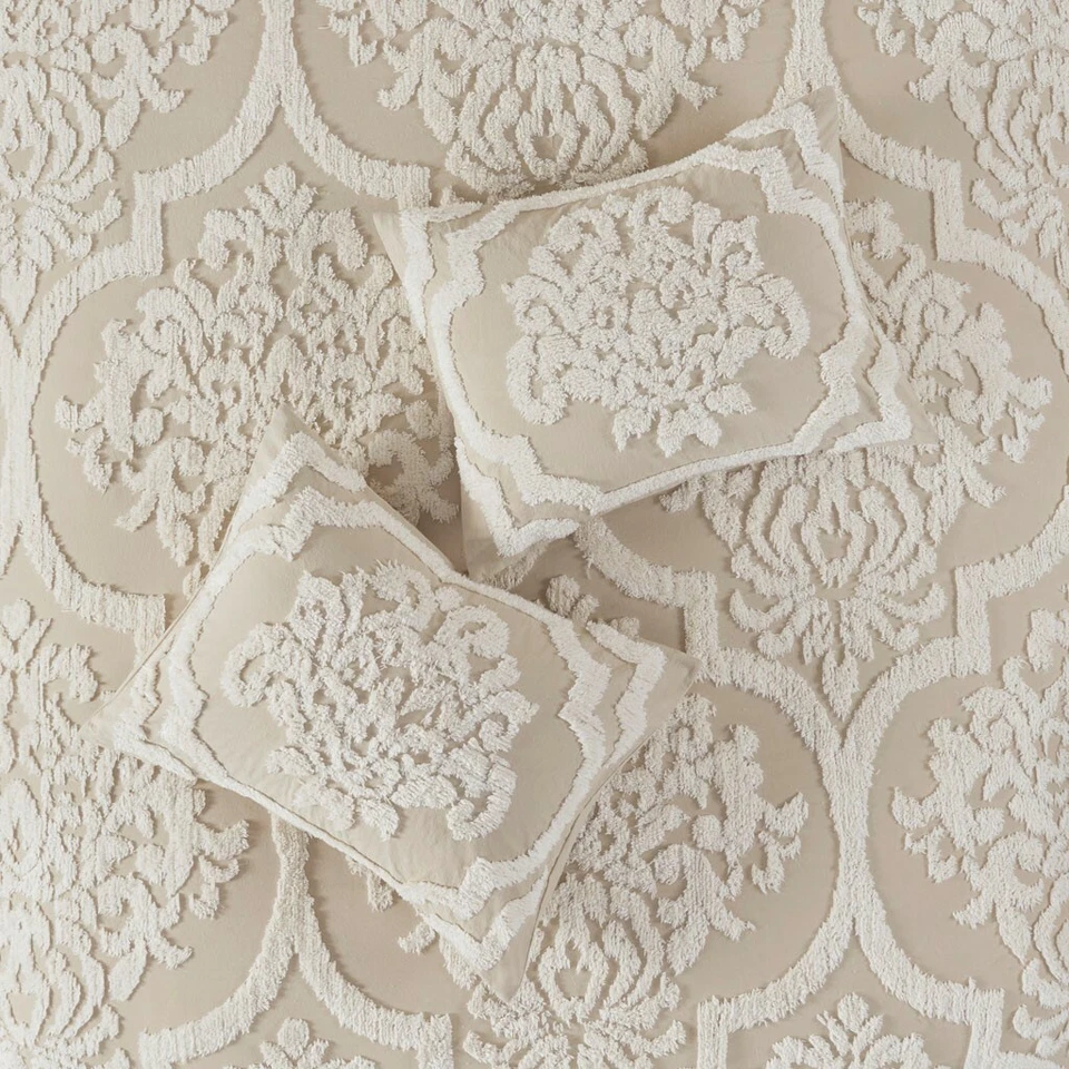 BEIGE CHENILLE 3p  Queen COMFORTER SET : IVORY CREAM COTTAGE VINTAGE PLUSH - Image 4 of 4