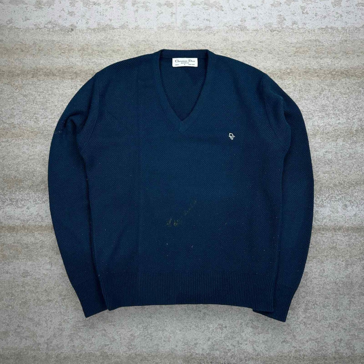 トップス 90s Christian Dior Sweater VTG Vintage Christian Dior Sweater L Navy Blue Pullover V Neck
