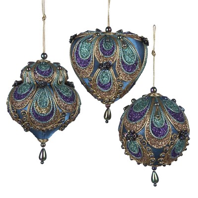 Kurt Adler 3-3.5'' Aqua Satin Fabric with Gold, Purple and Green Glitters Torn...