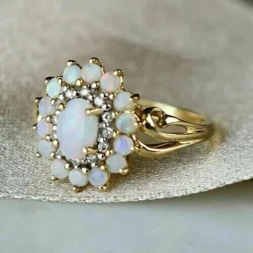 3 Ct Oval Lab Created Fire Opal Halo Wedding Cluster Ring 14K Yellow Gold Plated - Image 2 of 4