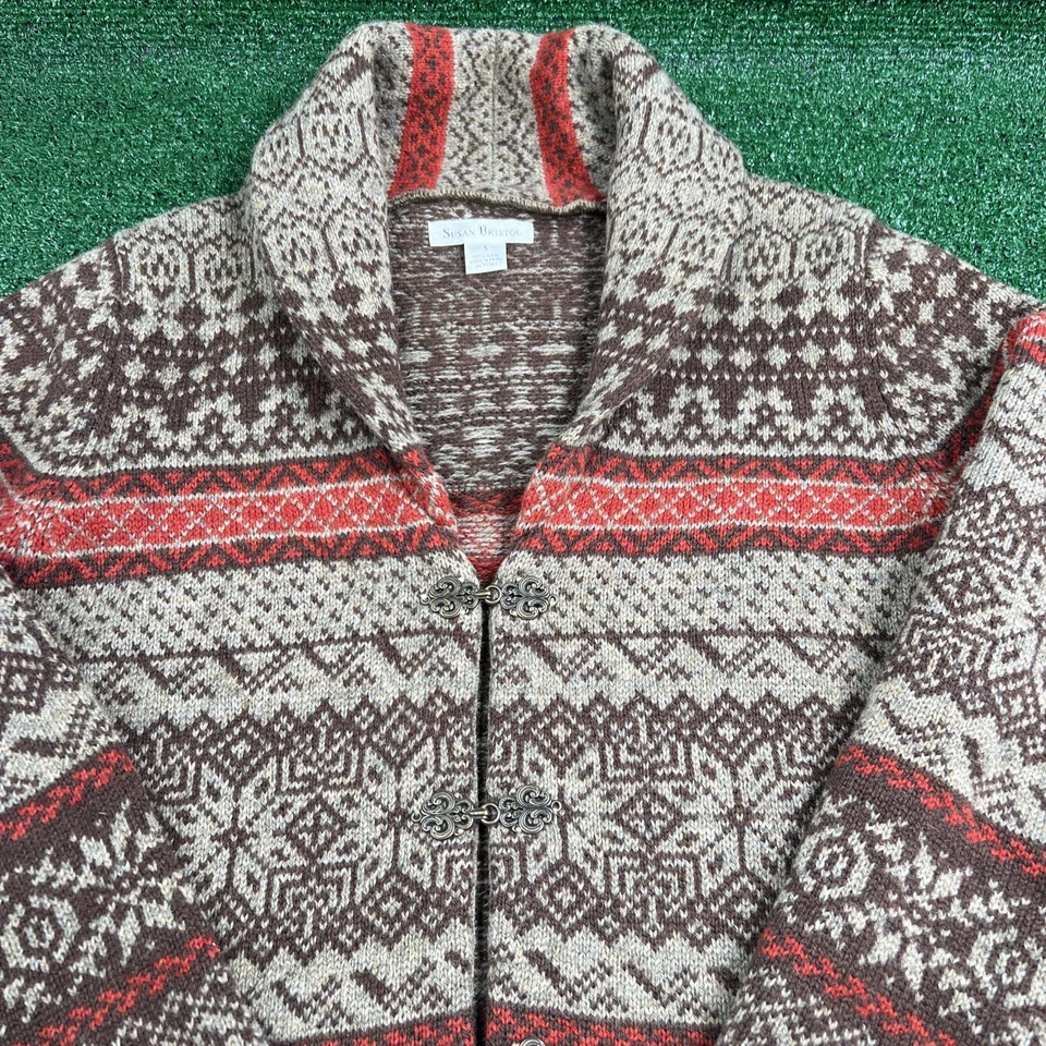 Vintage Susan Bristol Nordic Fair Isle Pure Wool Cardigan Sweater Size S Brown - Image 2 of 4