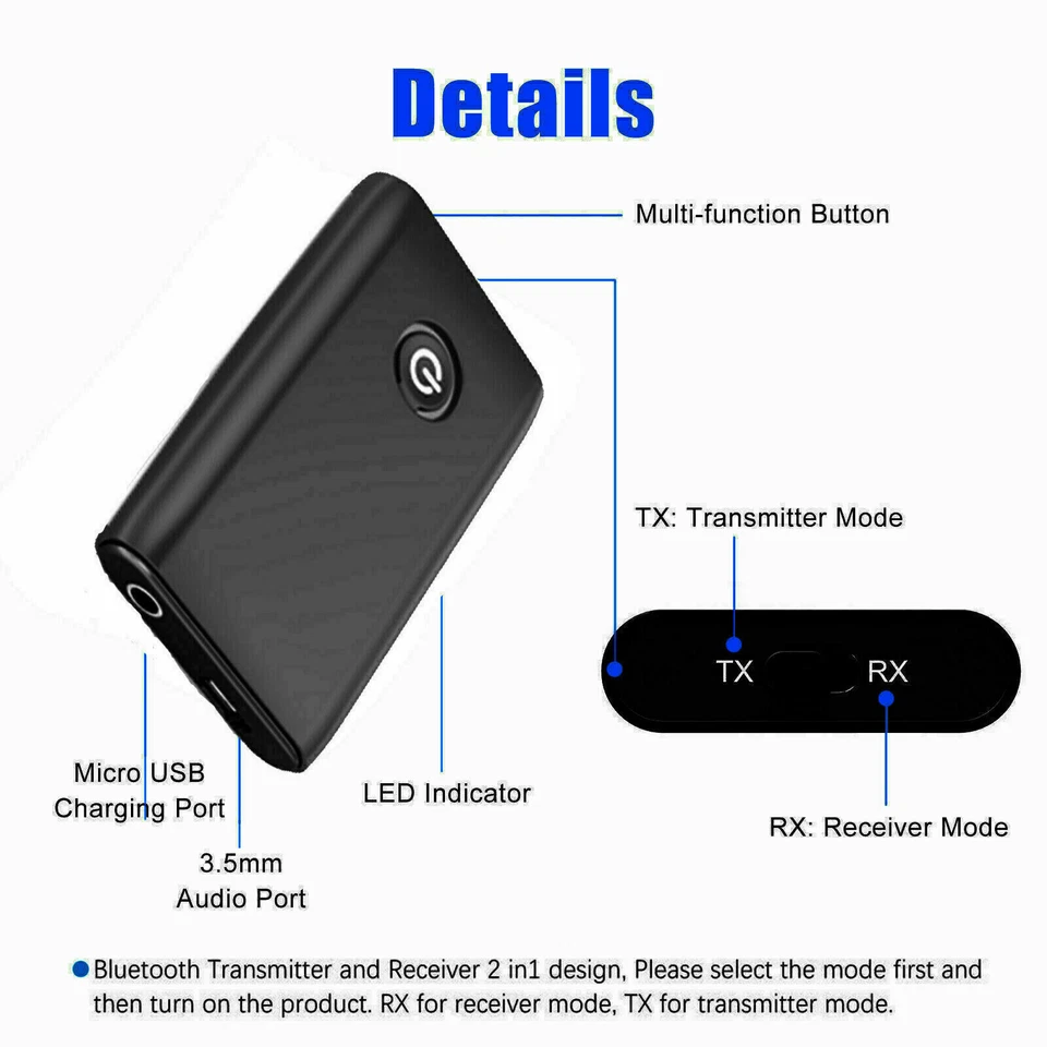 2-in-1 5.0 Bluetooth Transmitter Receiver Wireless  Adapter 3.5mm Audio Jack Aux - Image 3 of 4