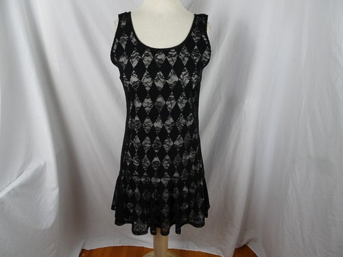 Black Bead Black Lace / Black & White Diamond Dress Size L