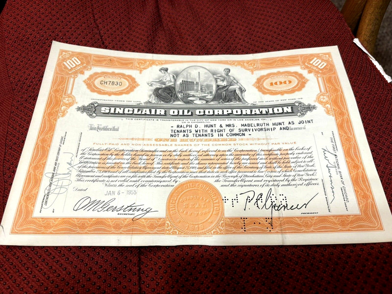 1955 SINCLAIR OIL CORPORATION STOCK CERTIFICATE 100 SHARES