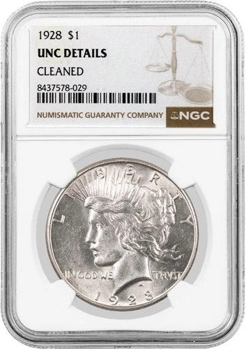 1928 $1 Silver Peace Dollar NGC UNC Details Cleaned Key Date Coin