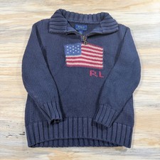 Polo Ralph Lauren Kids Navy Blue American Flag Quarter Zip Cotton Sweater Size 5
