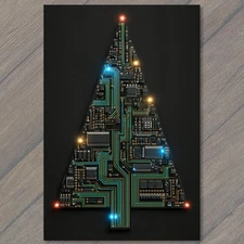 Art Print Glowing Circuit Board Christmas Tree Futuristic Tech Digital Neon Blac