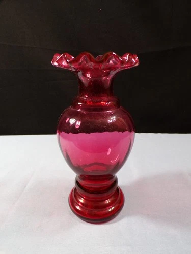 Fenton Cranberry Glass Vase w/ Crimped Top & Rib Optic Design 6 1/8" Tall INV3
