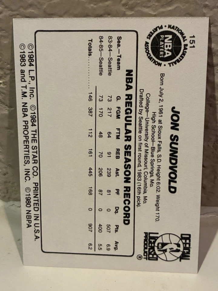 1985-86 Star Jon Sundvold #151 San Antonio Spurs NRMT - Image 2 of 2