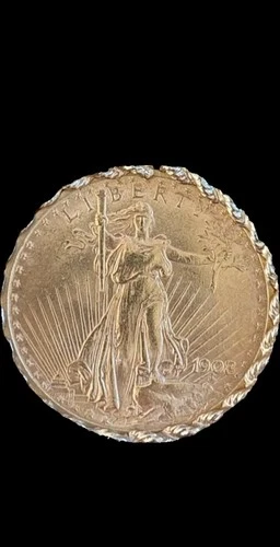 1908 St. Gaudens $20 Double Eagle Gold Coin Pendant & 14kt Rope Bezel and Chain