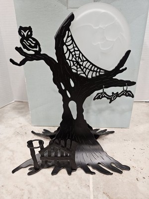 PartyLite Ghostly Tree Tea Light Holder P7859 Halloween Black Metal Glass Moon. 