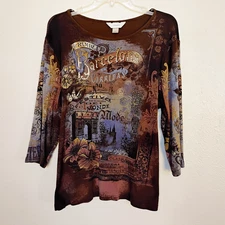 CJ Banks T-Shirt Brown/Taupe ~ Barcelona~ 3/4 Slv Studs Cotton Top ~ Plus Size X
