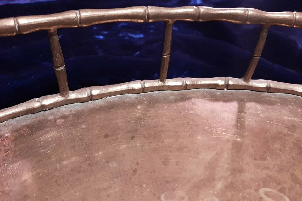 Hollywood Regency Solid Brass Faux Bamboo large 21" Round Serving Vanity Tray - Image 2 of 4