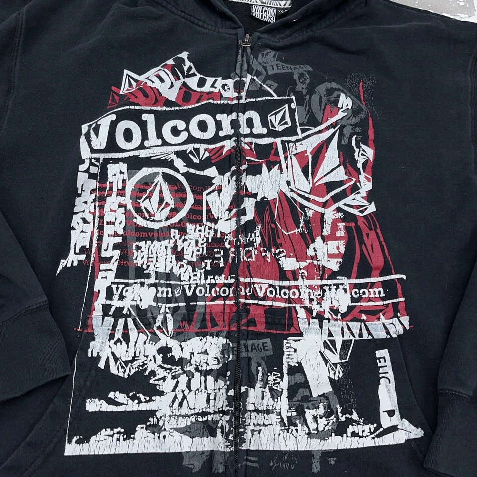 Vintage Volcom Hoodie Men XXL 2XL Black Full Zip Jacket Y2K Skater Cyber Punk - Image 3 of 4