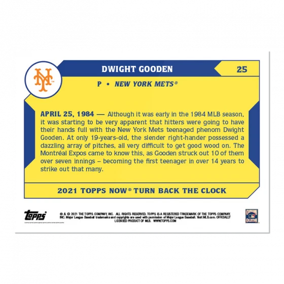 Presale 2021 Topps NOW Turn Back the Clock Dwight Gooden #25 ~ NY Mets ~ PR 479 - Image 2 of 2