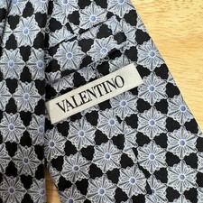 Valentino Tie - Black White Blue Medallion Floral 100 Silk Italy Necktie