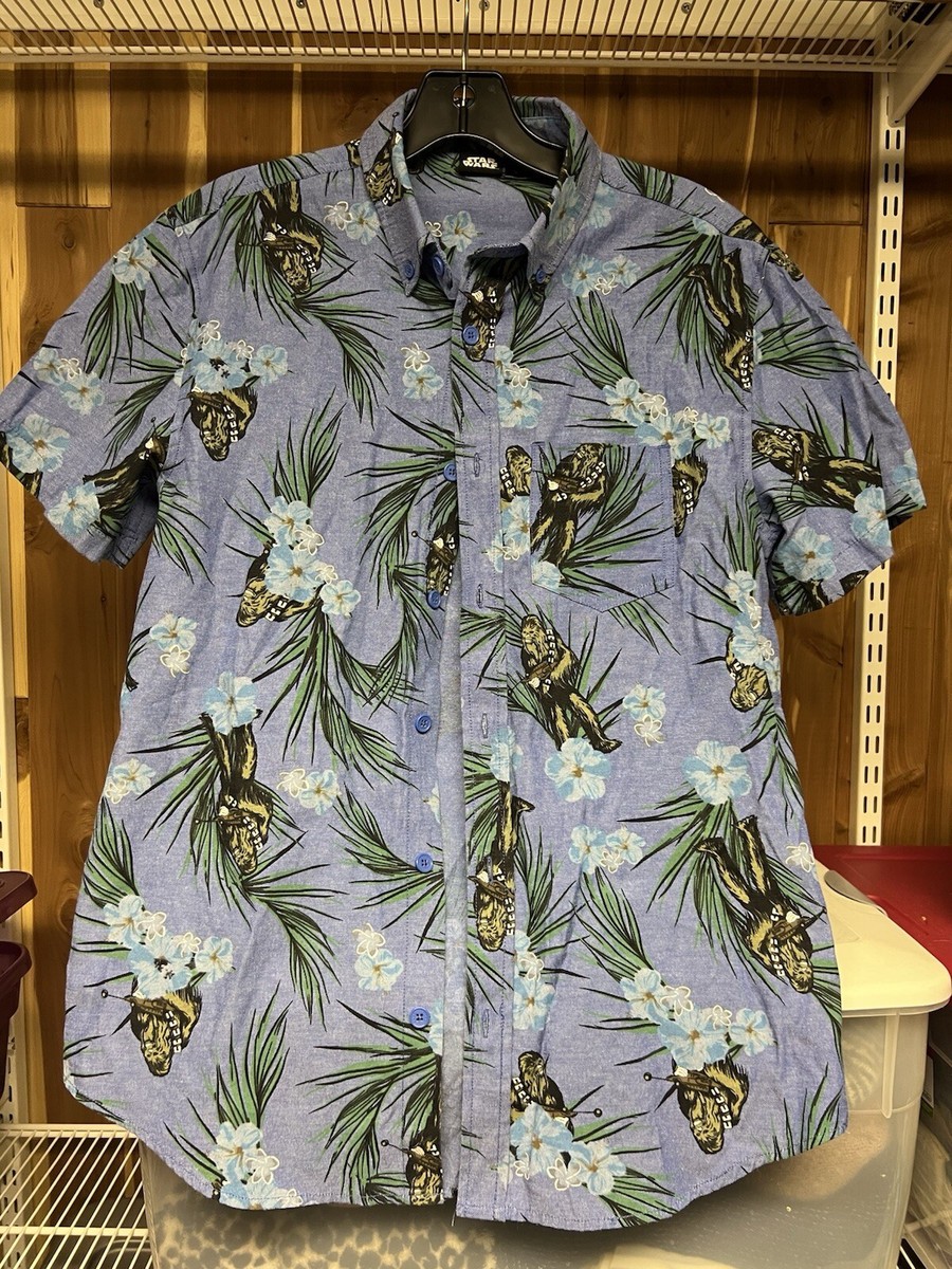 Star Wars Shirt Mens Small Blue Chewbacca Floral Hawaiian Button Short  Sleeve
