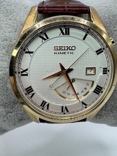 Men's Seiko Kinetic 5M84-0AE0 Gold Tone Day Date Watch - Picture 2 of 19