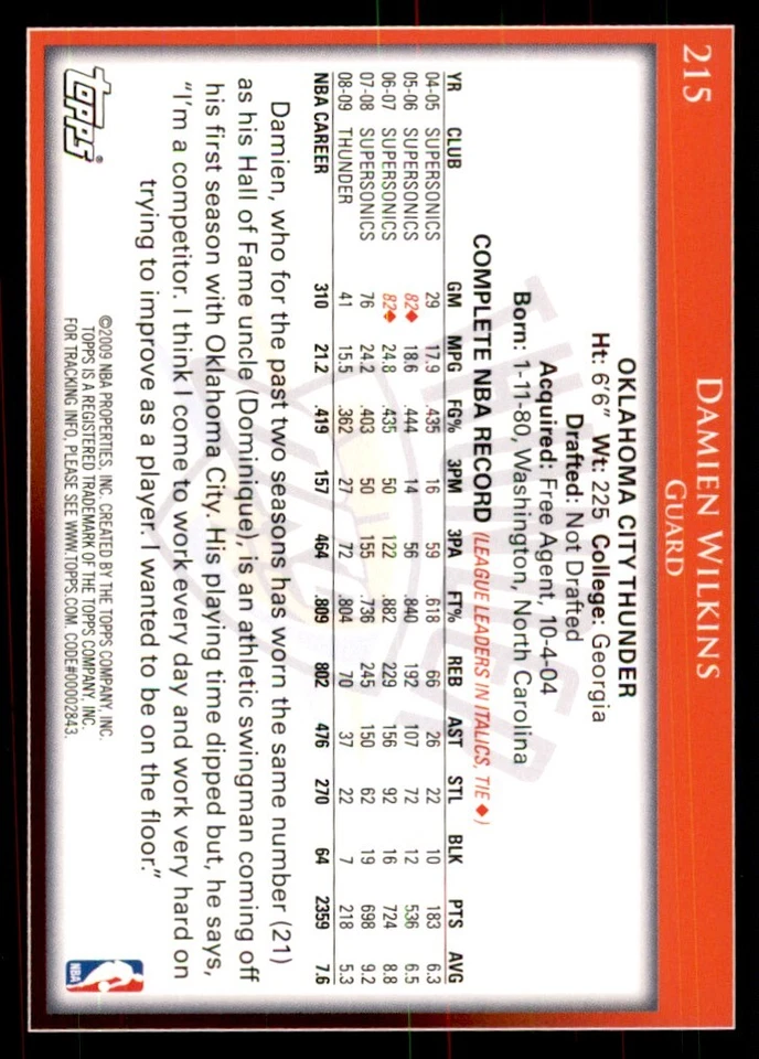 2009-10 Topps Damien Wilkins Basketball Cards #215 - Image 2 of 2
