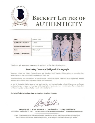 FEREBEE PAUL TIBBETS VAN KIRK SIGNED 8x10 PHOTO ENOLA GAY ATOMIC BOMB BECKETT - Picture 2 of 2
