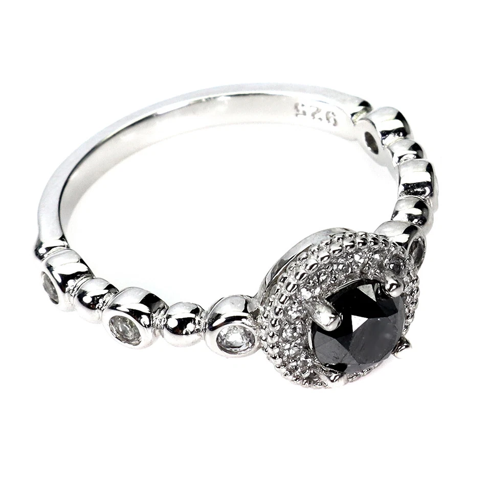 Anel de prata 925 verão redondo diamante preto topázio joia tamanho 7 - Imagem 3 de 4