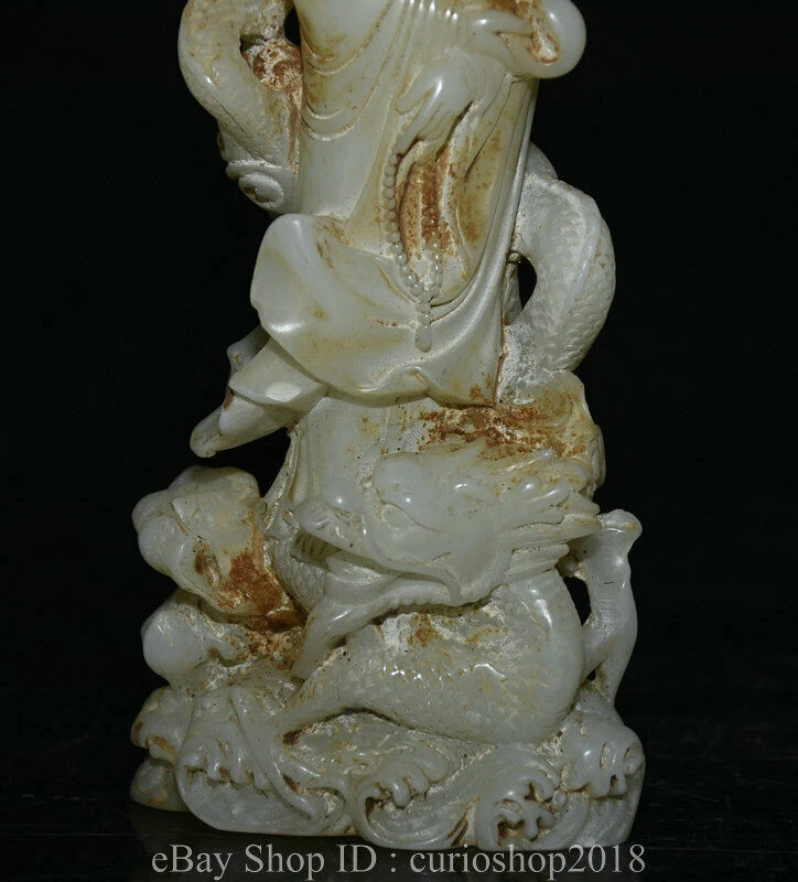Estatua Ruyi de dragón de Buda Guanyin tallado en jade blanco chino antiguo de 8,8" Foto 3 de 4