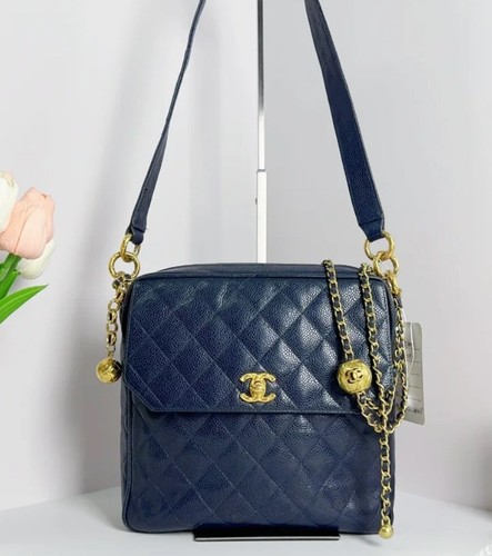 Vintage Chanel Navy Blue Caviar Camera Bag with Pearl Crush Adjustable Strap