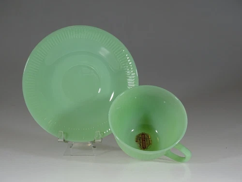 Vintage Fire-King Glass Jadite Jane Ray Cup & Saucer Original Foil Label c.1955
