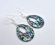 ABALONE SHELL CARVED TEARDROP EARRINGS 925 SILVER HOOKS 6CM DROP E3