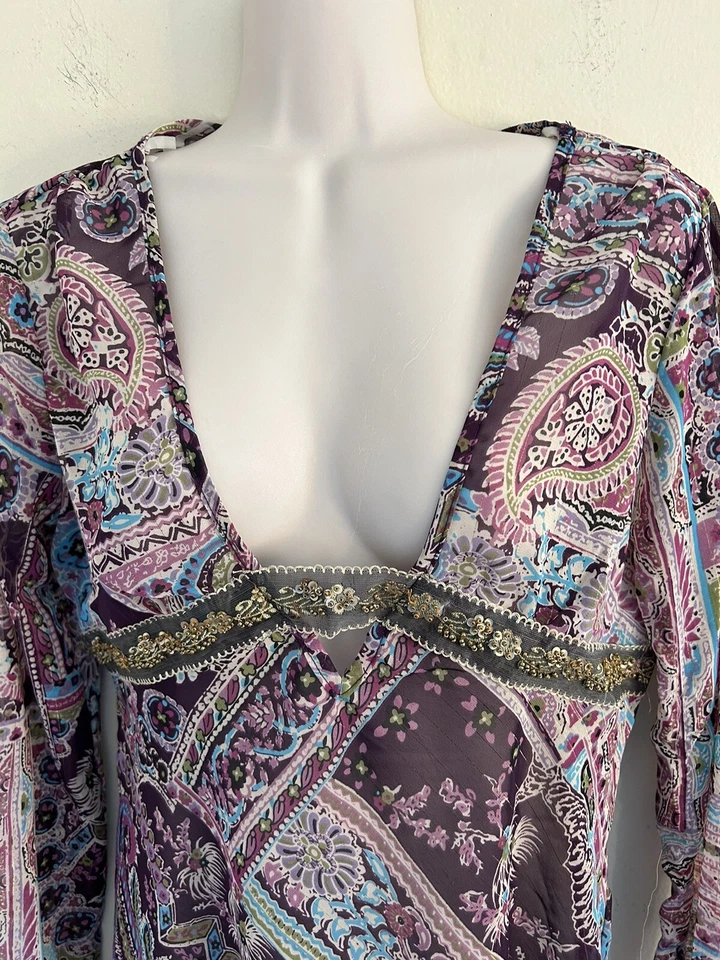 Túnica Mixit Petite Para Mujer Púrpura Aqua Transparente Cuentas Boho Festival Profundo V Talla M Foto 4 de 4